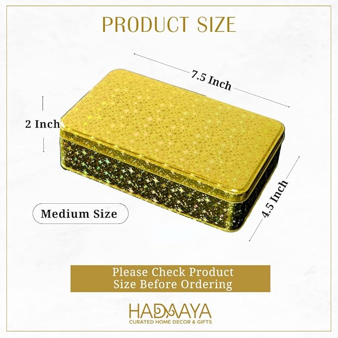 Pack of 12 Glittering Gold Rectangular Tin Container With Lid, Multipurpose Tin Box, Festive Tin Box for Gift Giving, Cookies, Stationery & More - 7.25 x 5.25 x 2.25 Inches