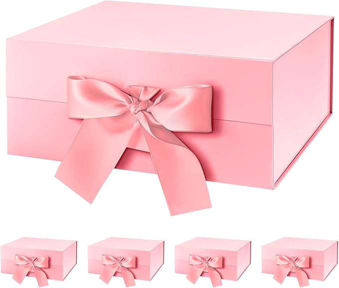 HAPPY POTATO 5 Gift Boxes with Ribbon 9x6.5x3.8 Inches, Pink Gift Boxes with Lids, Bridesmaid Proposal Boxes, Magnetic Gift Boxes for Presents (Glossy Pink, Pack of 5)
