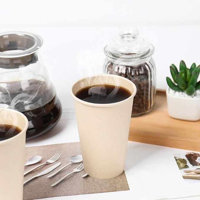 100 Count 12 oz Plant Fiber Disposable Light Brown Paper Coffee Cups, Perfect for Hot Drink, Hot Coffee, Hot Cocoa, Hot Tea, 12oz Water cups