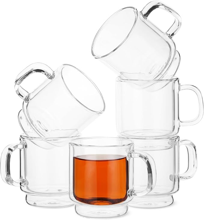 BTaT - Stackable Espresso & Demitasse Glass Coffee Cups, Set of 6 (2.0 oz, 60 ml), Double Wall, Clear