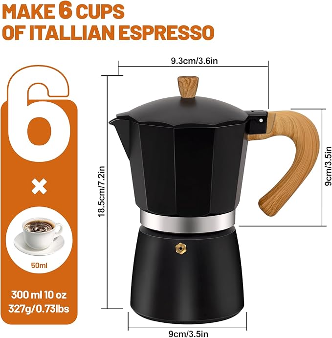 6 Cup Aluminum Espresso Stovetop Moka Pot Express Coffee Maker Percolator Italian Classic Mocha Coffee Machine for Italian and Cuban Cafe Brewing for Home & Camping 300ml 10oz