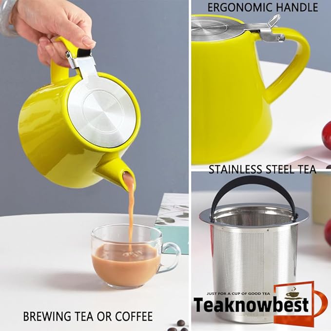 Ceramic teapot, 19oz Tea pot for loose leaf tea, Tea infuser pot with Removable 18/8 Stainless Steel Infuser and teaspoon, Suitable for 1-2 people to brew tea or coffee (yellow)