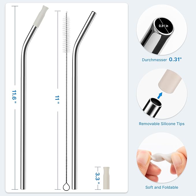 Repeatable Metal Straw with Silicone Tips for 30 oz Stanley Tumbler, 2 Pcs 30 oz Stainless Steel Straws Replacement for Stanley Tumbler, 1 Straw Brush, BPA Free（Cream Grey）