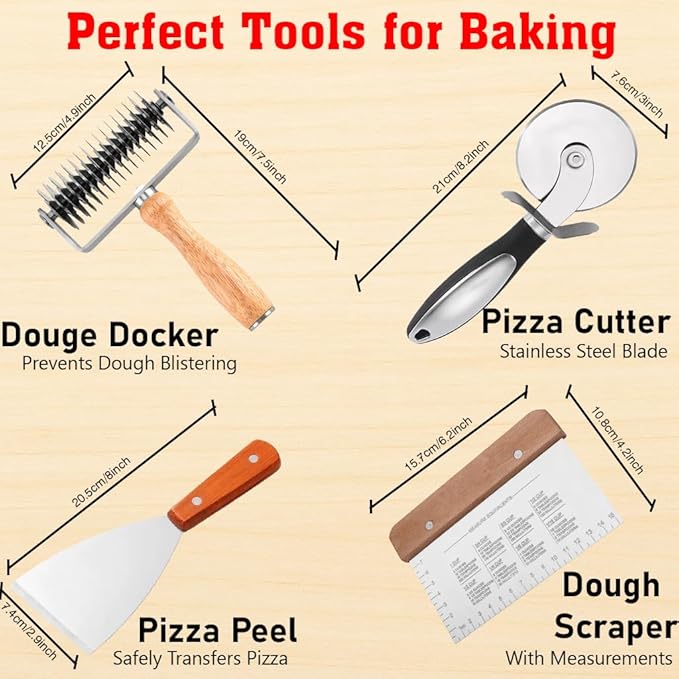 4 PCS Lattice cutter pastry tool roller with bench scraper and pizza cutter – stainless steel wood handle for pie top crust rolling, puff pastry, sourdough, bread, kitchen tools