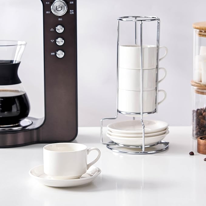 2.5 Ounce Porcelain Espresso Cups with Saucers and Silver Stand, White Stackable Cups Set of 4