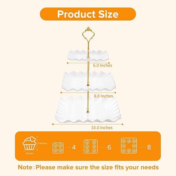 Hoedia 3 Tier Cupcake Stand Tower, Plastic White Cup Cake Holder for Dessert stands, Tiered Serving Tray for Tea Party, Birthday Party, Wedding Decor and Baby Shower(Square Wave)