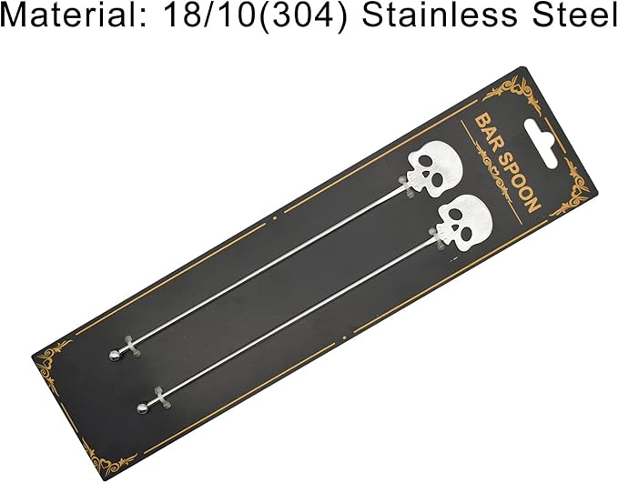 6Pcs Skull Swizzle Sticks 8.7inch Coffee Stirrers Reuseable 18/10(304) Stainless Steel Beverage Cocktail Stirrer for Bar Halloween Party Mixing Drinks
