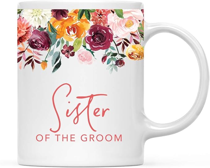 Andaz Press 11oz. Wedding Ceramic Coffee Tea Mug Gift, Fall Autumn Burgundy Orange Peach Flowers Roses Florals, Sister of the Groom, 1-Pack, Includes Gift Box