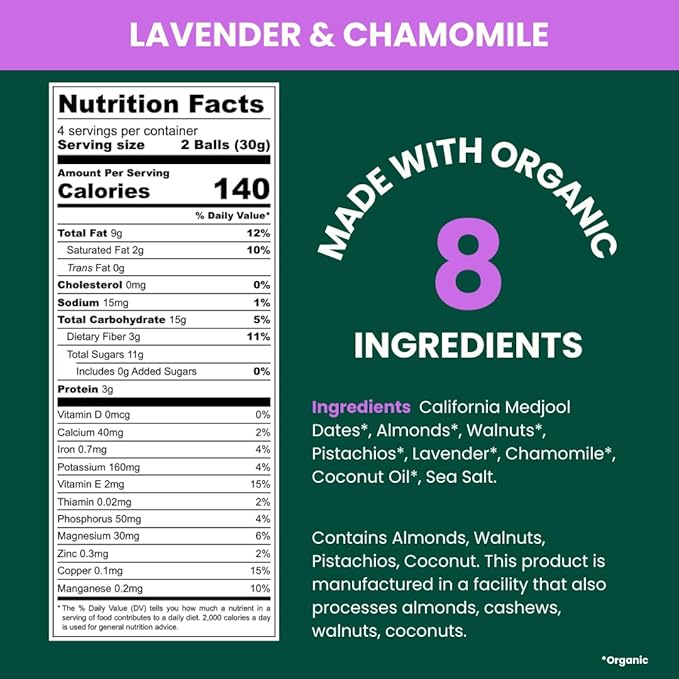 Jools Medjool Date Energy Bites with Lavender & Chamomile – Made with Organic Ingredients – Calming Superfood Snack – Tastes Like Chocolate, Coconut & Caramel with Floral Notes – Chewy, Nutty, Naturally Sweet – No Added Sugar, Vegan & Gluten Free | 3 ×...