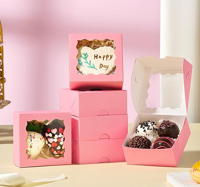 3.2x3.2x1.5 Inches 100PCS Chocolate Truffle Boxes Mini Bakery Boxes with Window for Cookies,Soap,Donut, Macaron,Brownie(Pink)
