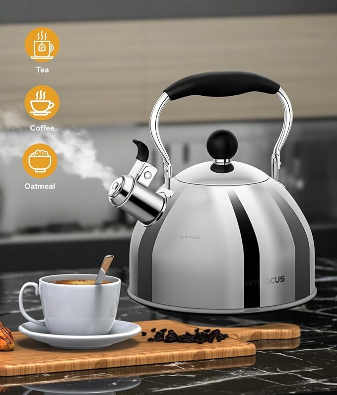 Tea Kettle, 2 Quart Stainless Steel Whistling Tea Kettle, Stovetop Whistling Teakettle Tea Pots for Stove Top with Ergonomic Folding Handle, Small Teapot, Water boiler for Tea, Coffee (Silver)