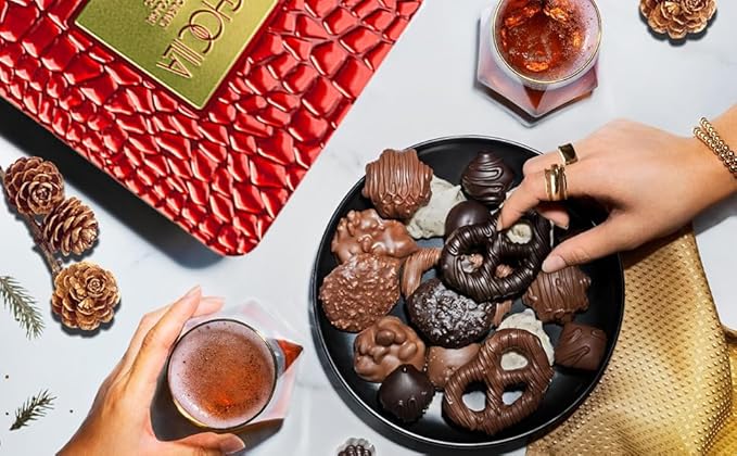 Chocolate Gift Basket, Gourmet Chocolates Variety Snack Box, Assorted Food Arrangement Platter, Birthday Present, Holiday, Corporate Parties, Sympathy, Candy Gifting Idea, Him, Her, Men, Women, Family (Ruby Red)