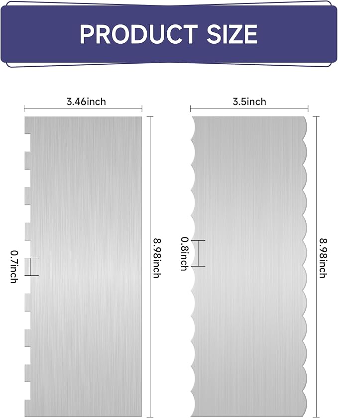 9 Inch Metal Cake Scraper Set of 2, Stainless Steel Cake Scraper Smoother Double Sided Patterned Edge for Icing Smoother,Tall Cake Scraper, Cake Combs for Buttercream