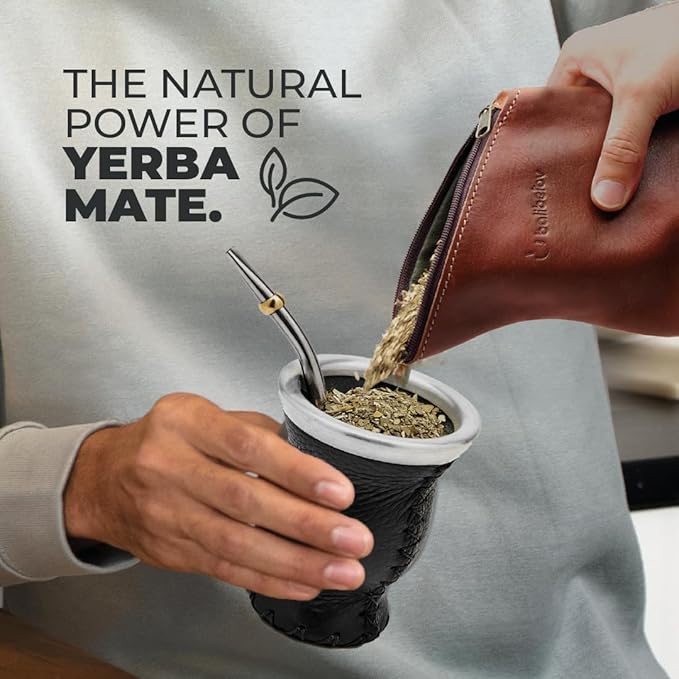BALIBETOV Leather & Glass Yerba Mate Gourd Set (Mate Cup) with Yerba Mate Bombilla