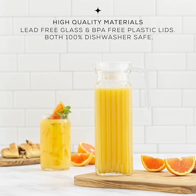 40oz Glass Pitcher with Lid (2 Lids) - Beverage Serveware, Storage Container and Carafe for Cold Drinks and Liquids. Glass Water Pitcher also for Juice, Bedside Carafe, Sun Tea Jar