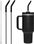 Metal Straw with Silicone Tip for 40oz Stanley Cup, 2 Pcs Stainless Steel Straws Replacement for Stanley 40 oz Adventure Quencher Travel Tumbler Cup, 1 Straw Brush (Black)