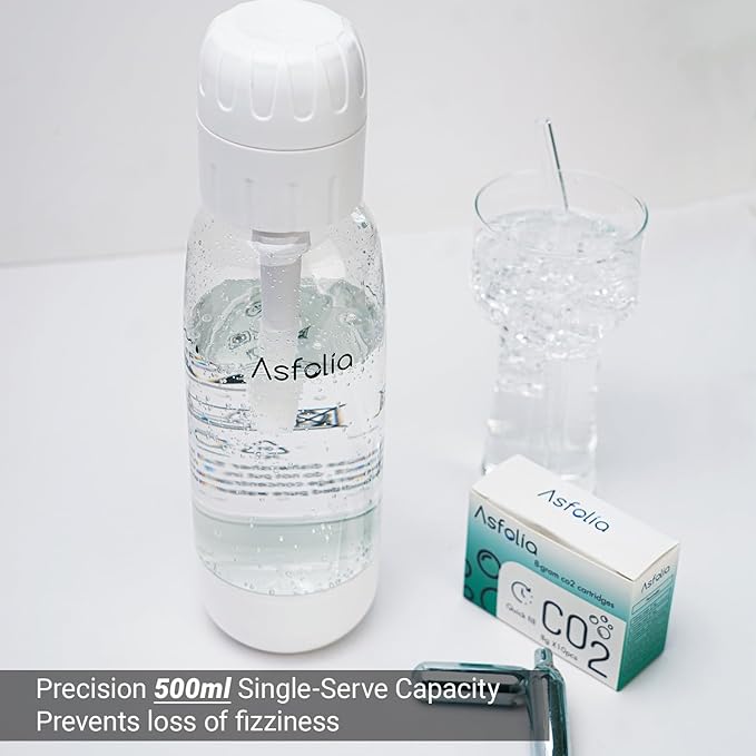 Sparkling Water Maker，AquaBub Portable Soda Maker with 500ml PET Carbonating Bottles, 10x 8g CO2 Cylinders (White)