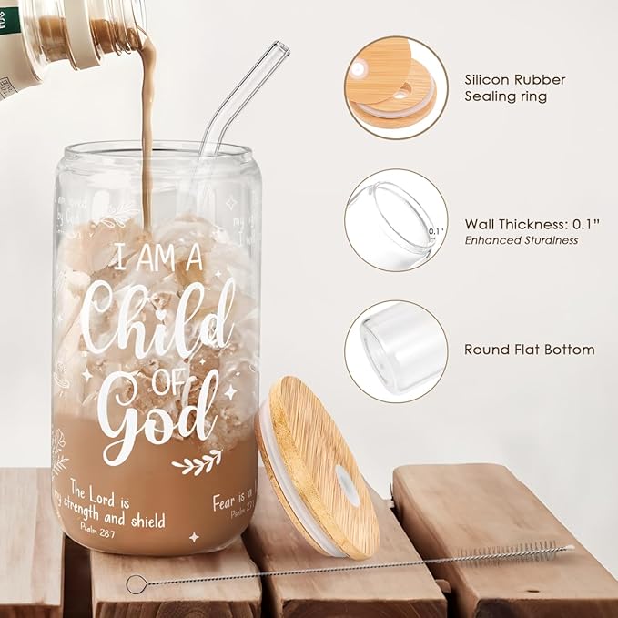 SANDJEST Christian Glass Can, I am Child of God Cup with Lid & Straw, Iced Coffee Aesthetic Cups, Idea Gift for Christmas Birthday, Gifts for Women, 16oz