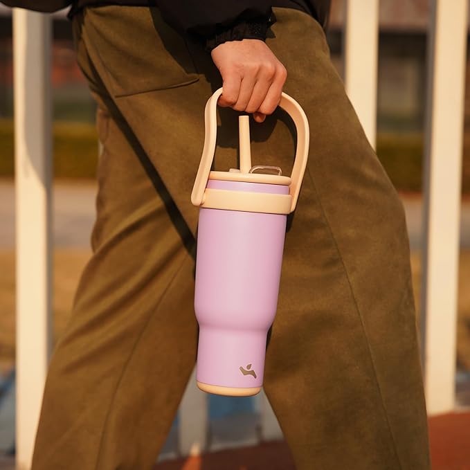 40 oz Tumbler with Side Handle, Insulated Water Bottle with Straw and 2 in 1 Lid, Stainless Steel Cup Travel Coffee Mug for Sports Office Gym,Green