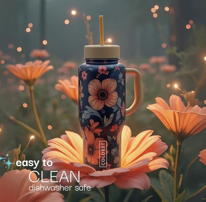 Coldest 40 oz Tumbler with Handle and Straw, 100% Leak Proof Insulated Tumbler with Lid and Straw (3 Lids), Stainless Steel Tumblers for Women & Men, Cup Holder Friendly, 46 oz (Enchanted Blue)