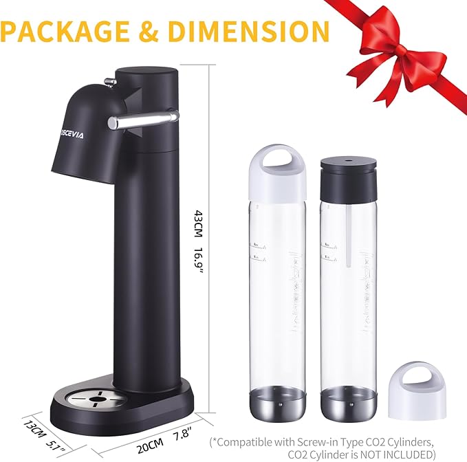 Sparkling Water Machine Soda Maker Beverage Drink Dispenser for Home, Soda Streaming Maker with BPA Free Bottles(2x1L), Seltzer Fizzy Maker Compatible with Screw-in 60L CO2 (NOT Included), Black