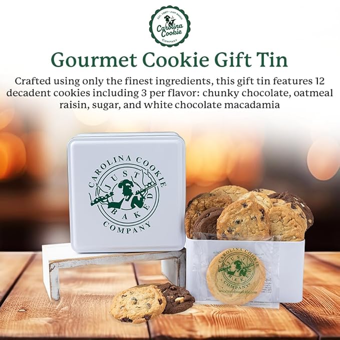 Carolina Cookie Company Fresh Baked Gourmet Cookie Gift Tin, Gifts, Handmade to Order, No Preservatives, Never Frozen, Shipped & Delivered, Assorted for Christmas, Birthdays, Corporate, Fresh Delivery: 12 Count