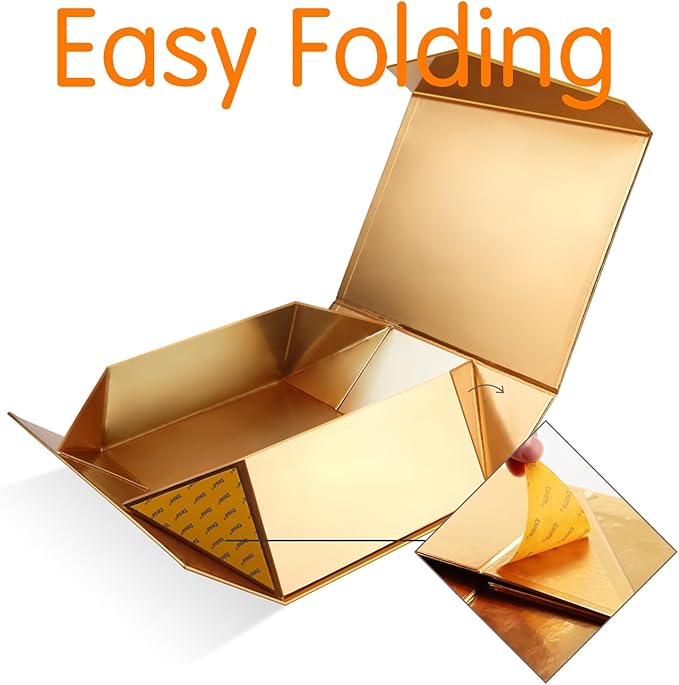 Large Gold Collapsible Gift Box with Magnetic Closure Lid 13.5x9x4.1 Inches, Bridesmaid Proposal Box for Present (Glossy Gold, 1 Pack)