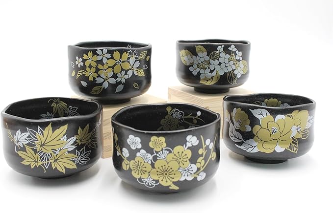 Japanese Traditional Handcrafted Matcha Chawan Tea Bowl Cup Set of 5 Ceremony Tableware Pottery (Hannnari Wan Zoroi Tenmoku)