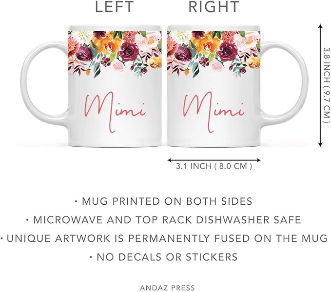 Andaz Press 11oz. Mother's Day Ceramic Coffee Tea Mug Gift, Fall Autumn Burgundy Orange Peach Flowers Roses Florals, Mimi, 1-Pack, Includes Gift Box, Birthday Christmas Gift Ideas