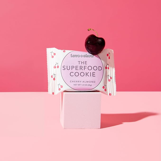 Love + Chew Superfood Soft Baked MINI Cookies, Cherry Almond Flavor, Plant Based Cookie Made With Chia Seeds, Almonds & Cherries for Kids and Adults, Vegan Snacks, Gluten Free, Paleo, Non GMO, 80 Pack