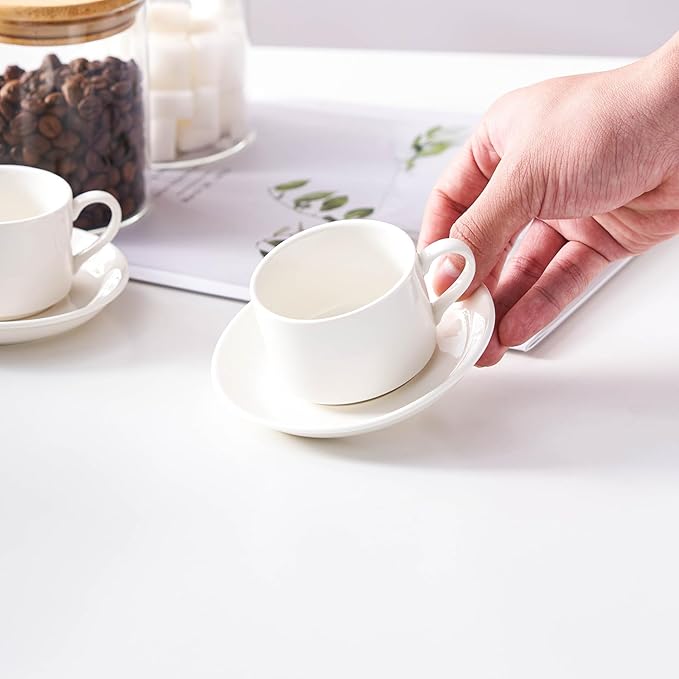 2.5oz Porcelain Stackable Espresso Cups with Saucers and Metal Stand Set of 4, Stackable Cappuccino Cups, White Expresso Shots Cup Set for Coffee Drinks, Latte, Tea