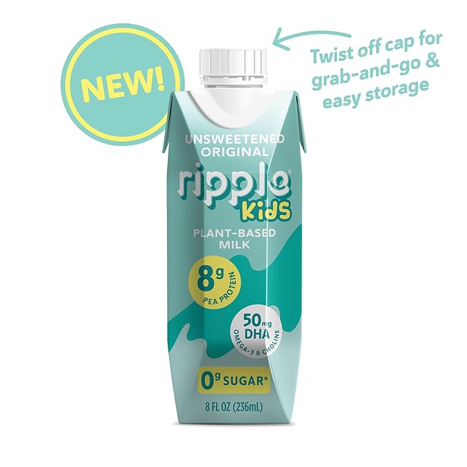 Ripple Kids Unsweetened Plant Based Milk | Pediatrician Recommended | 8g Pea Protein | Shelf Stable | Vegan & Non GMO Certififed | Dairy, Soy, Nut, Gluten, and Lactose Free | 8 Fl Oz (Pack of 12)