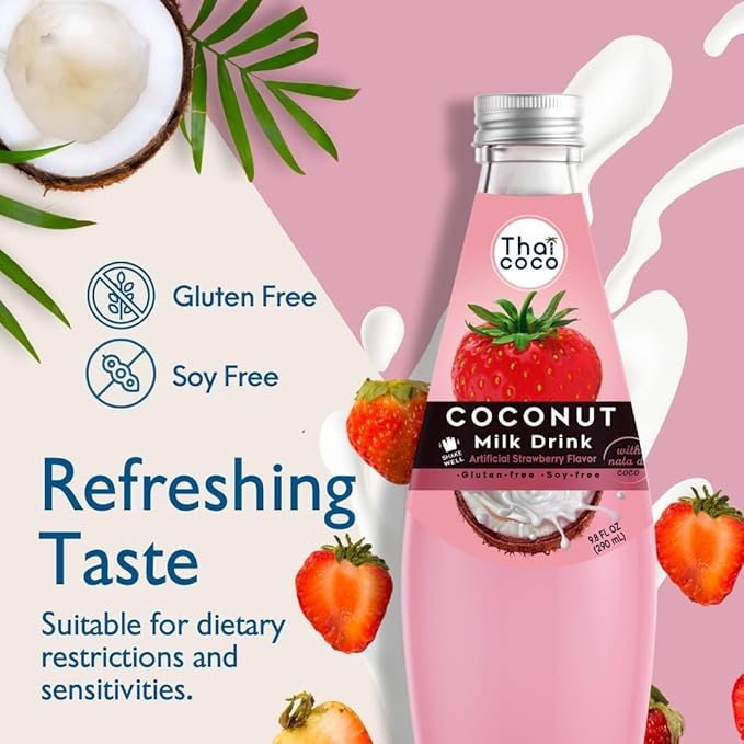 Thai Coco - Strawberry Coconut Milk Drink with Nata De Coco - 9.8 fl. oz. 4 Pk