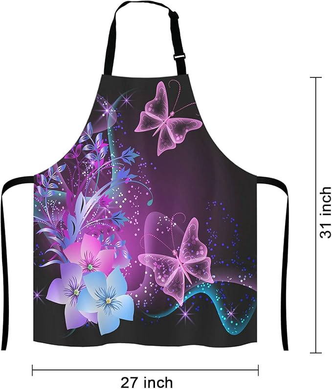 Purple Apron, Pink Purple Butterfly and Flowers Adjustable Bib Apron Kitchen Cooking Baking Gardening Apron for Women Men