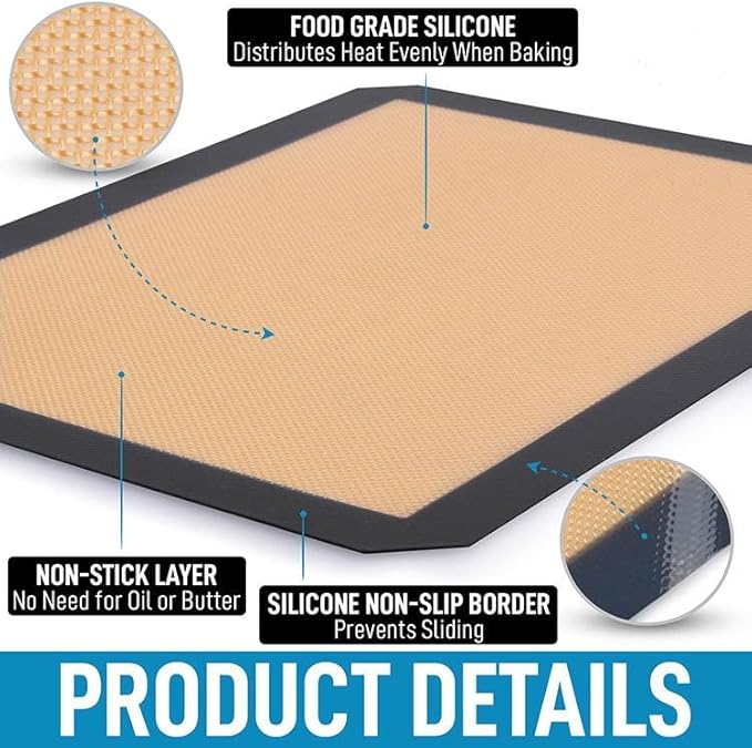 2 Pcs Silicone Fiber Baking Mat with Buckle,Corner Clip for Leak Proof Baking Pan or Unclip for Flat Baking Sheet Liner, Oven Liner (30X21cm,42x29.5cm) BPA-Free and Non-Stick