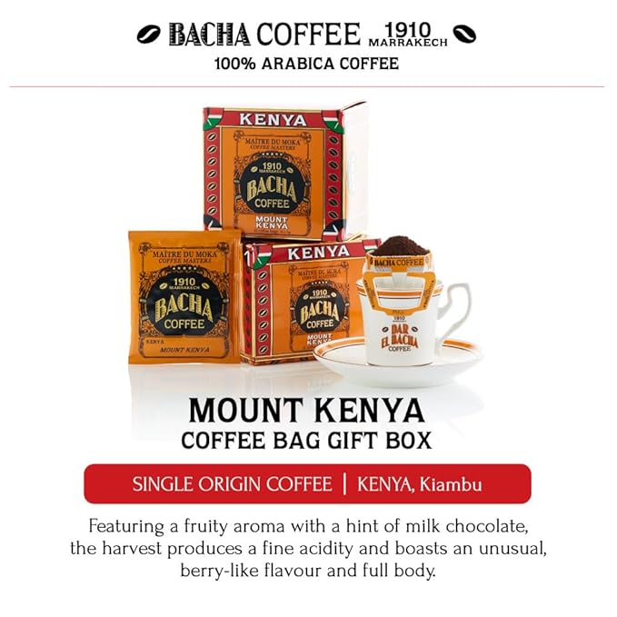 Bacha Coffee | Mount Kenya Single Origin, Medium Dark Roast, 100% Arabica Specialty Coffee, 12 Coffee Drip Bags, Gift Box