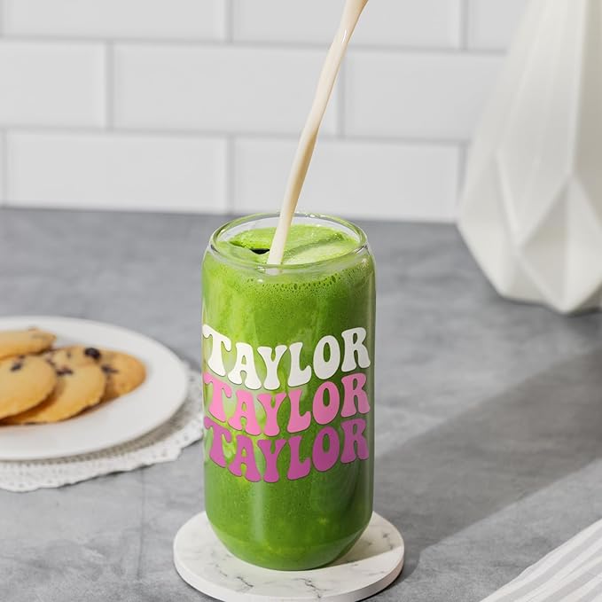 Personalized Tumbler with Name-Glass with Lids and Straws-18OZ Iced Coffee Cups with Lids, Cute Glass Cups, Mothers Day Birthday Gift for Women Her (TwsName)