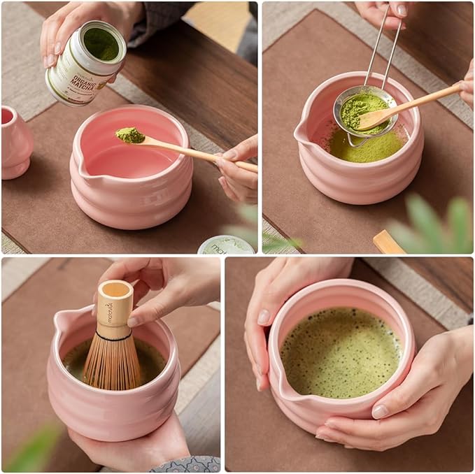 8 Pcs Matcha Set - Ceramic Bowl, Bamboo Whisk with Holder, Canister, Sifter, Schima Spoon, Spoon Rest and Tea Towel, Complete Kit for Traditional Matcha and Modern Lattes (Pink)