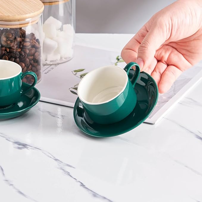 YOLIFE 2.5oz Porcelain Stackable Espresso Cups with Saucers and Metal Stand Set of 4, Stackable Cappuccino Cups, Green Expresso Shots Cup Set for Coffee Drinks, Latte, Tea