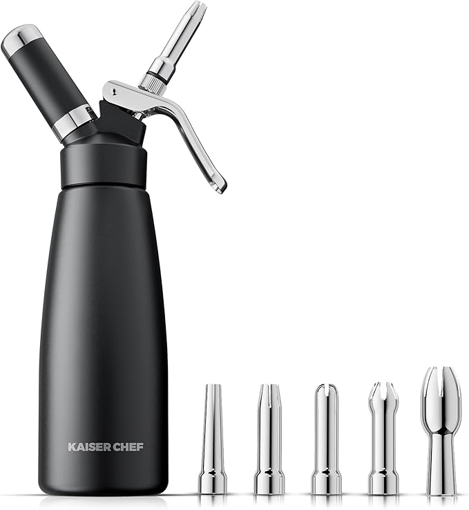 Professional Aluminum Whipped Cream Dispenser - 500 mL/1 Pint,Whipped Cream Maker Canister with 5 Decorating Nozzles & Cleaning Brush - Need To Use N2O Chargers (Not Included) (Black, 500ml)