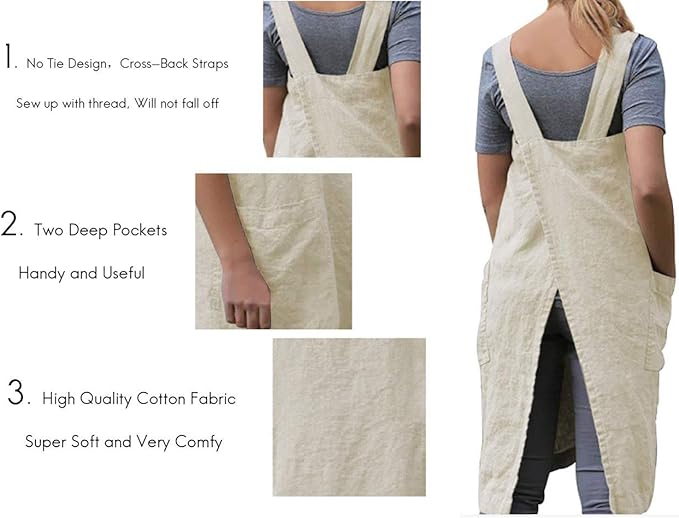 Women's Pinafore Square Apron Baking Cooking Gardening Works Cross Back Cotton/Linen Blend Dress with 2 Pockets
