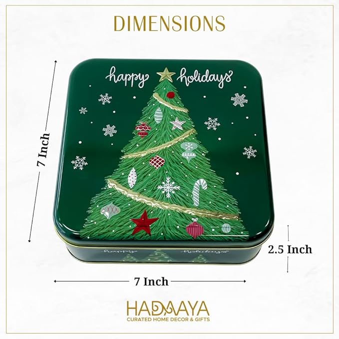 Metal Square Festive Christmas Cookie Tin with Embossed Lid for Gift Giving & Holiday Treats Multipurpose Container for Candy Snacks Holiday Christmas Party Decor Favor Gift Box GREEN GOLD XMAS TREE
