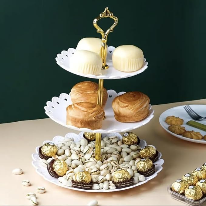 2 Pack of Large Plastic Dessert Stands, 3 Tier Cupcake Stand, 3 Tiered Serving Display Stand Reusable Pastry Dessert Tower Tray/Platter for Tea Party, Baby Shower and Wedding (White)