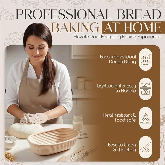 Premium Banneton Bread Proofing Basket - 9 Inch Oval Sourdough Banneton Basket With Built in Wooden Leaf and Wheat Stamp, Brush & Storage Bag - Sourdough Bread Baking Supplies