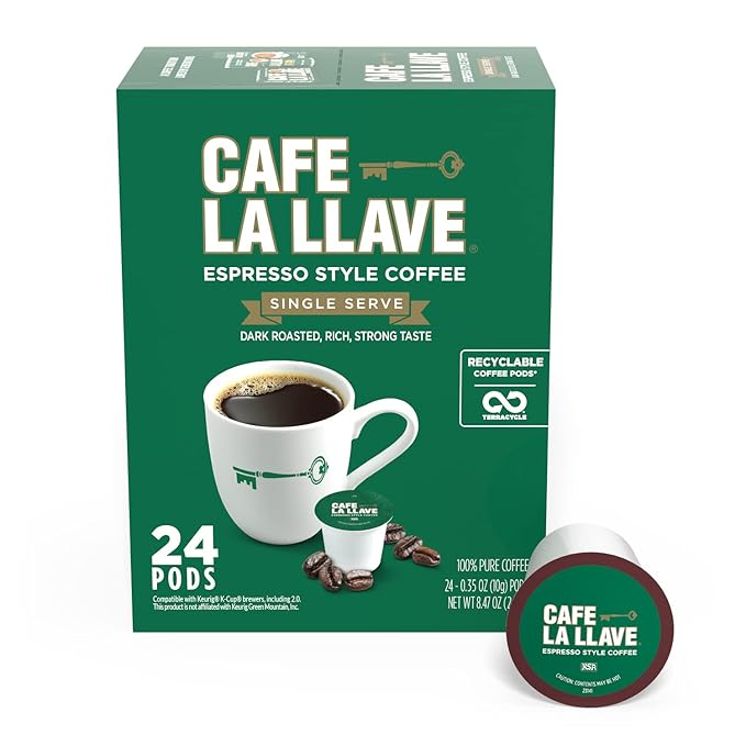 Cafe La Llave Espresso-Style Dark Roast Coffee Pods for Keurig K-Cup Brewers - Bold, Rich Flavor - 24 Count Single Serve Recyclable Capsules- Family Crafted