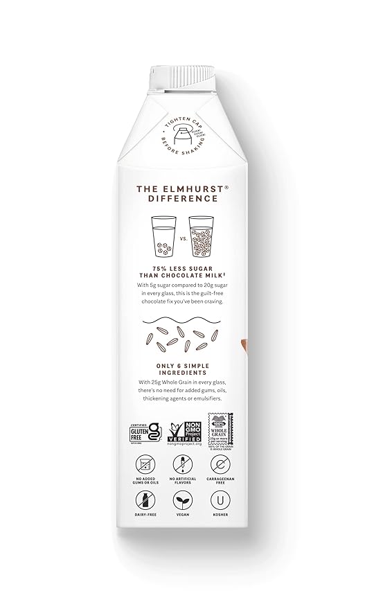 Elmhurst 1925 Chocolate Oat Milk - 32 Ounce (Pack of 6) Dairy-Free, Vegan, Kosher, Gluten-Free, Less Sugar, Shelf Stable Plant Based Milk Made with Whole Grain Oats & Cocoa for Smoothies & Baking