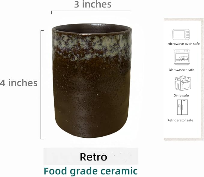 Stoneware Coffee Bar Utensil Holder Tea & Coffee Spoon & Stirrer Holder for Stir Stick Straw Teaspoon Holder Spoon Cup Small Utensil Jar (Retro Rustic Brown)