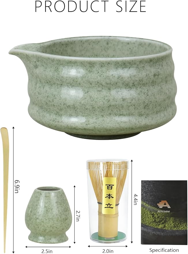 Artcome Matcha Bowl Set with Pouring Spout – Ceramic Chawan, Bamboo Whisk, Whisk Holder, Tea Scoop, and Matcha Manual – Traditional Japanese Tea Set