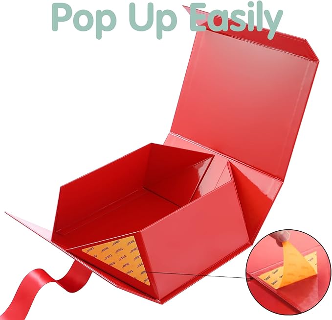 HAPPY POTATO 5 Christmas Gift Boxes with Lids and Ribbon 9x6.5x3.8 Inches, Bridesmaid Proposal Boxes, Red Gift Boxes for Presents (Glossy Red, Pack of 5)