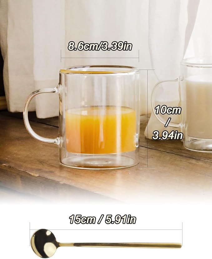 LIBWYS 12oz Double Wall Coffee Mugs (2 Pack) - Insulated Borosilicate Glass Cups with Handle for Espresso, Cappuccino, Latte - Heat Resistant, Dishwasher Safe Hot/Cold Beverage Glasses 350ml